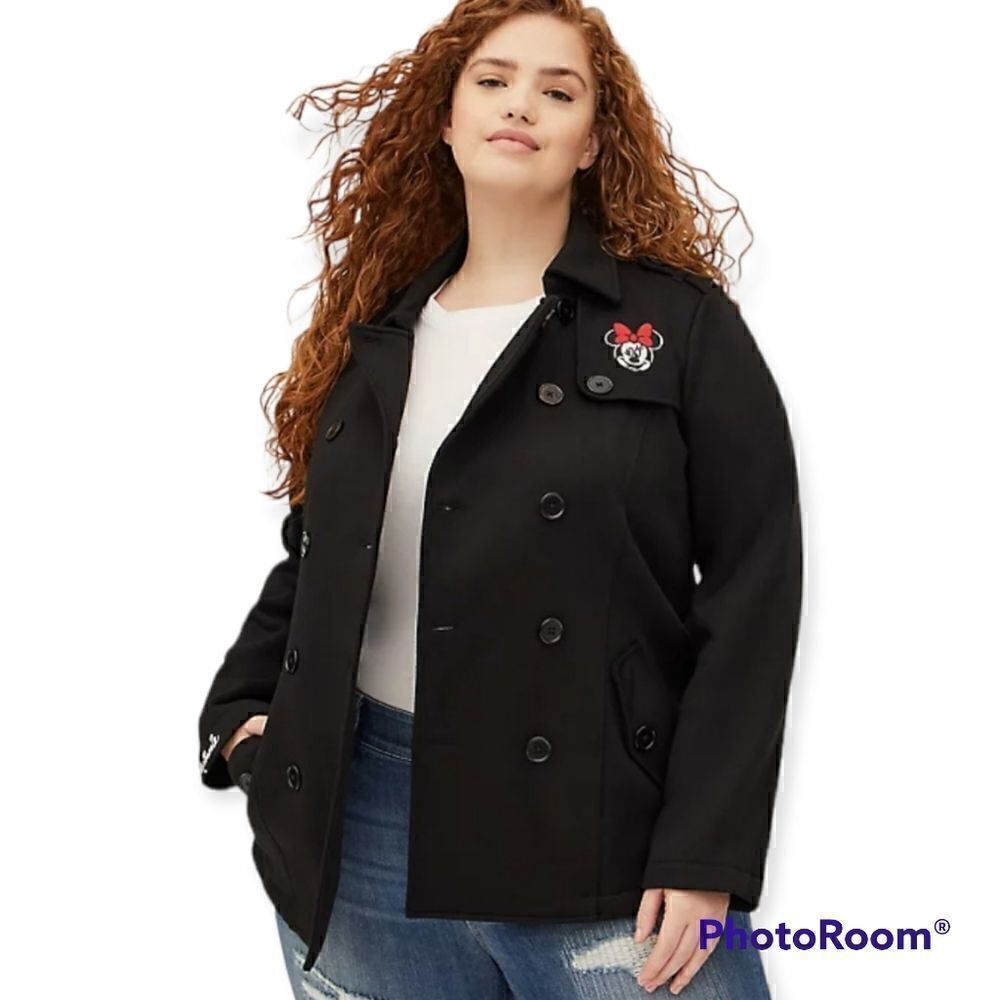 5X 28W Torrid Black Minnie Mouse Pea Coat Disney Fleece Knit Embroidered Jacket
